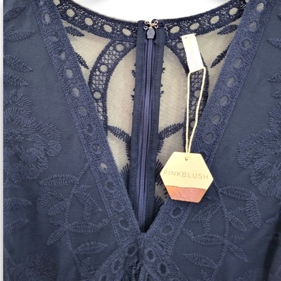 PinkBlush Navy Blue Lace Mesh Overlay Maxi Dress Large - Picture 6 of 10